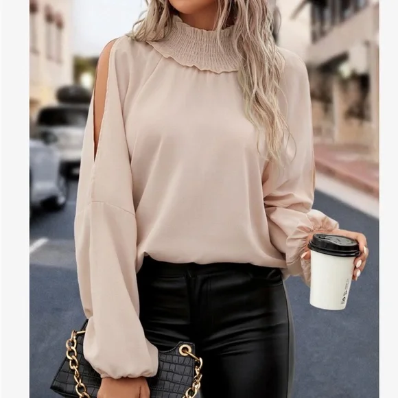 Elegant Smocked Mock Neck Cut Out Cold Shoulder Top Blouse Shirt - Picture 7 of 7